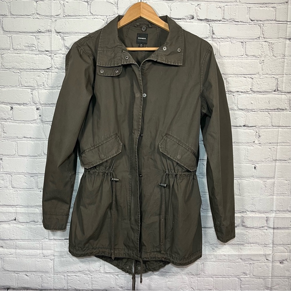 Express Full Zip Military Cargo Utility Jacket Womens Size XS Green Cinch Waist